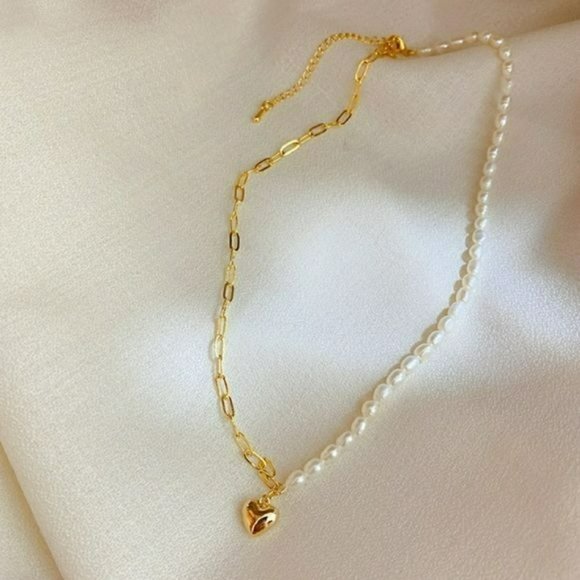 Gold Plated Cultured Baroque Pearl Chain‎ Link Heart Pendant Choker Necklace - Picture 8 of 10